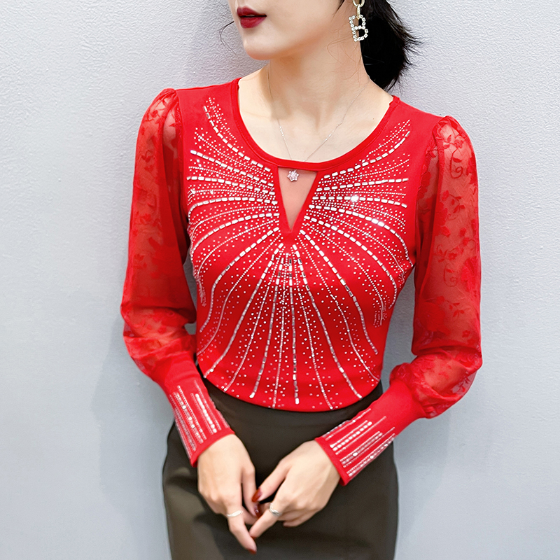 MY17241# 欧洲站重工烫钻个性修身显瘦打底衫蕾丝长袖女潮女裝貨源服裝...