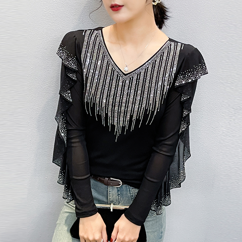 MY17240# 欧洲站春上新V领花边镂空镶钻洋气修身显瘦打底衫女潮女裝貨...