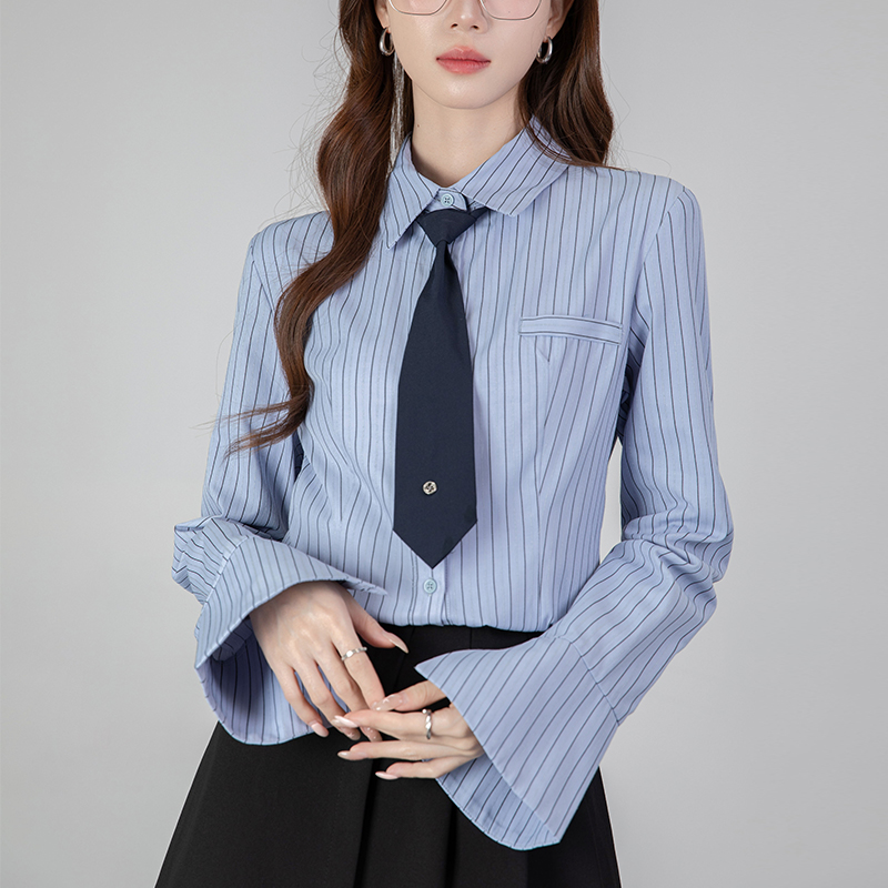 MY16821# 女装蓝色长袖慵懒风上衣条纹气质衬衫女女裝貨源服裝批發