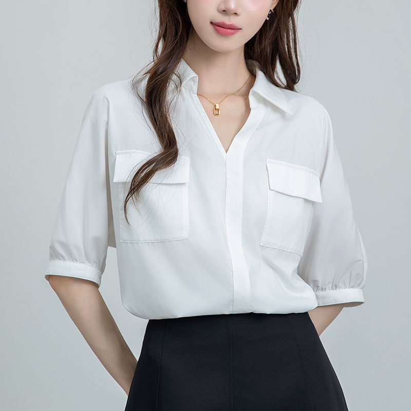 RY1349# 2026实拍简约通勤短袖衬衫女夏季新款设计感白色V领衬衣