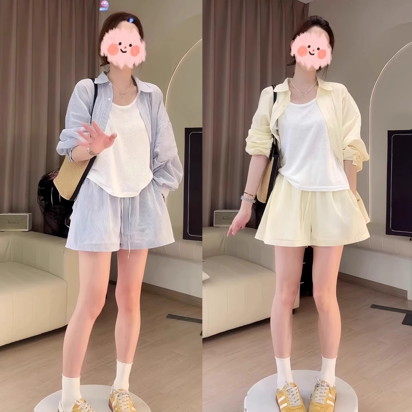 MY10902# 夏季搭配一整套大码胖mm条纹防晒衬衫短裤韩系慵懒休闲好看套装女女裝貨源服裝批發