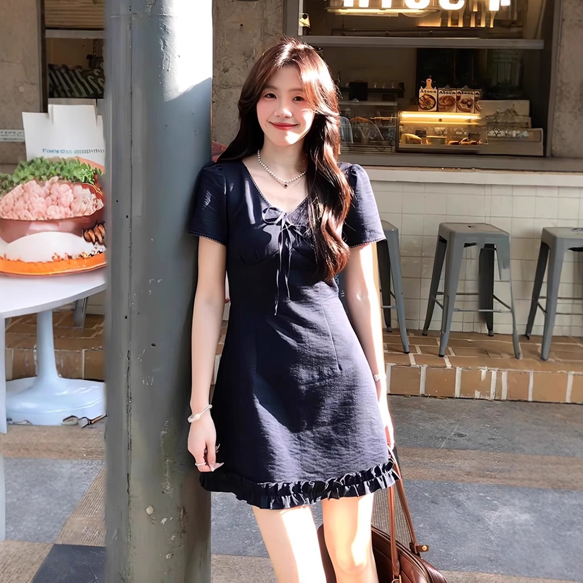 MY10900# 木耳边V领连衣裙女夏季大码收腰法式气质减龄巨好看辣妹短款裙子女裝貨源服裝批發