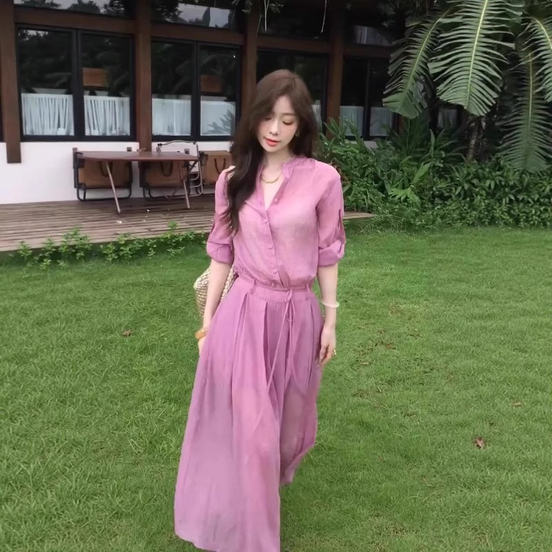MY11547# 法式气质粉色V领衬衫连衣裙女夏季大码胖mm收腰漂亮假俩件...