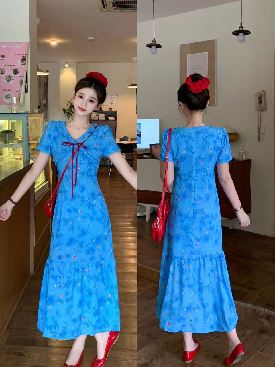 MY7534# 大码法式温柔风木耳边晕染V领连衣裙女夏季气质收腰短袖长裙女裝貨源服裝批發