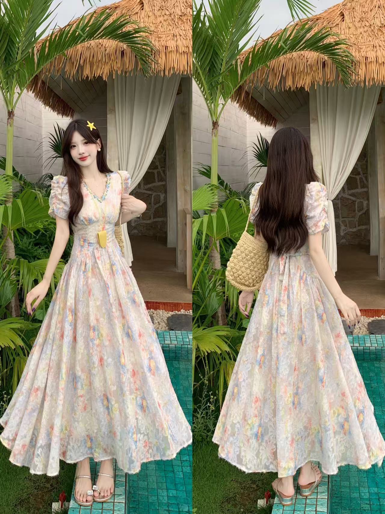MY7532# 大码法式甜美碎花连衣裙女收腰长裙夏季新款绝美仙女裙女裝貨源服裝批發