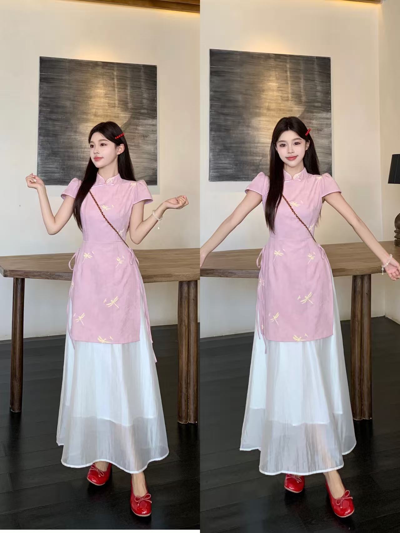 MY10989# 大码新中式改良假两件旗袍连衣裙夏季新款蜻蜓印花长裙女裝貨...
