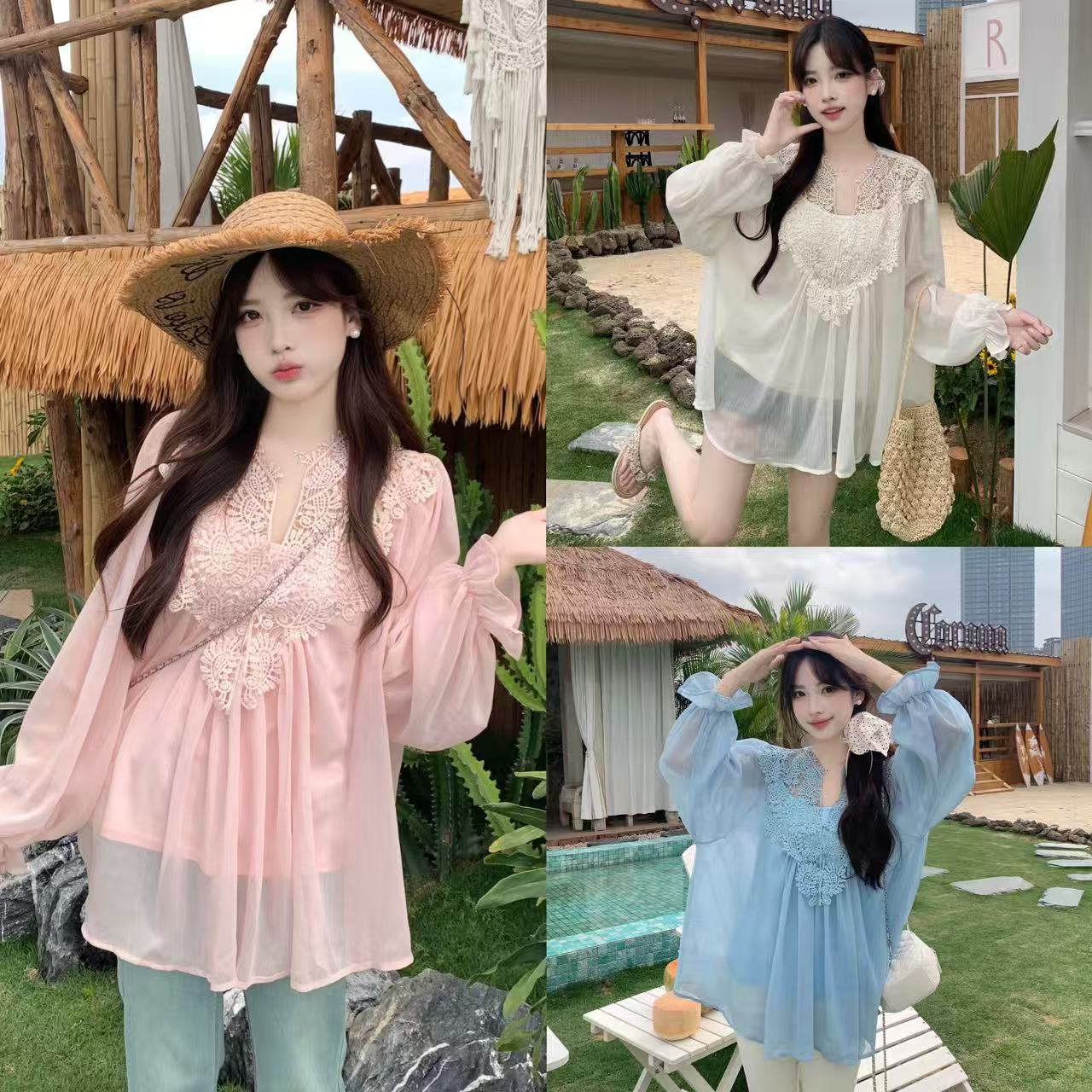 RY2047# 大码复古优雅立体钩花蕾丝拼接雪纺衫小衫吊带背心套装女宽松上...