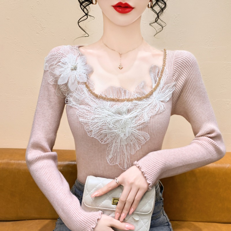 MY15881# 重工钉钻花朵钉珠长袖针织衫温柔风甜美减龄打底上衣女裝貨源服裝批發