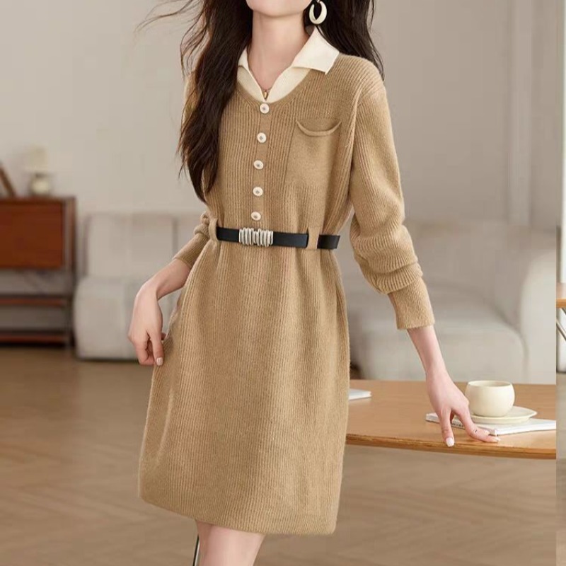 MY14241# 设计感假两件翻领针织连衣裙新款女秋冬小个子显瘦打底毛衣裙女裝貨源服裝批發