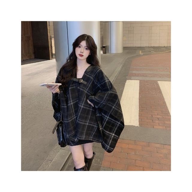 MY15816# 小香风黑色中长款格子毛呢外套宽松百搭小个子斗篷披肩大衣女...