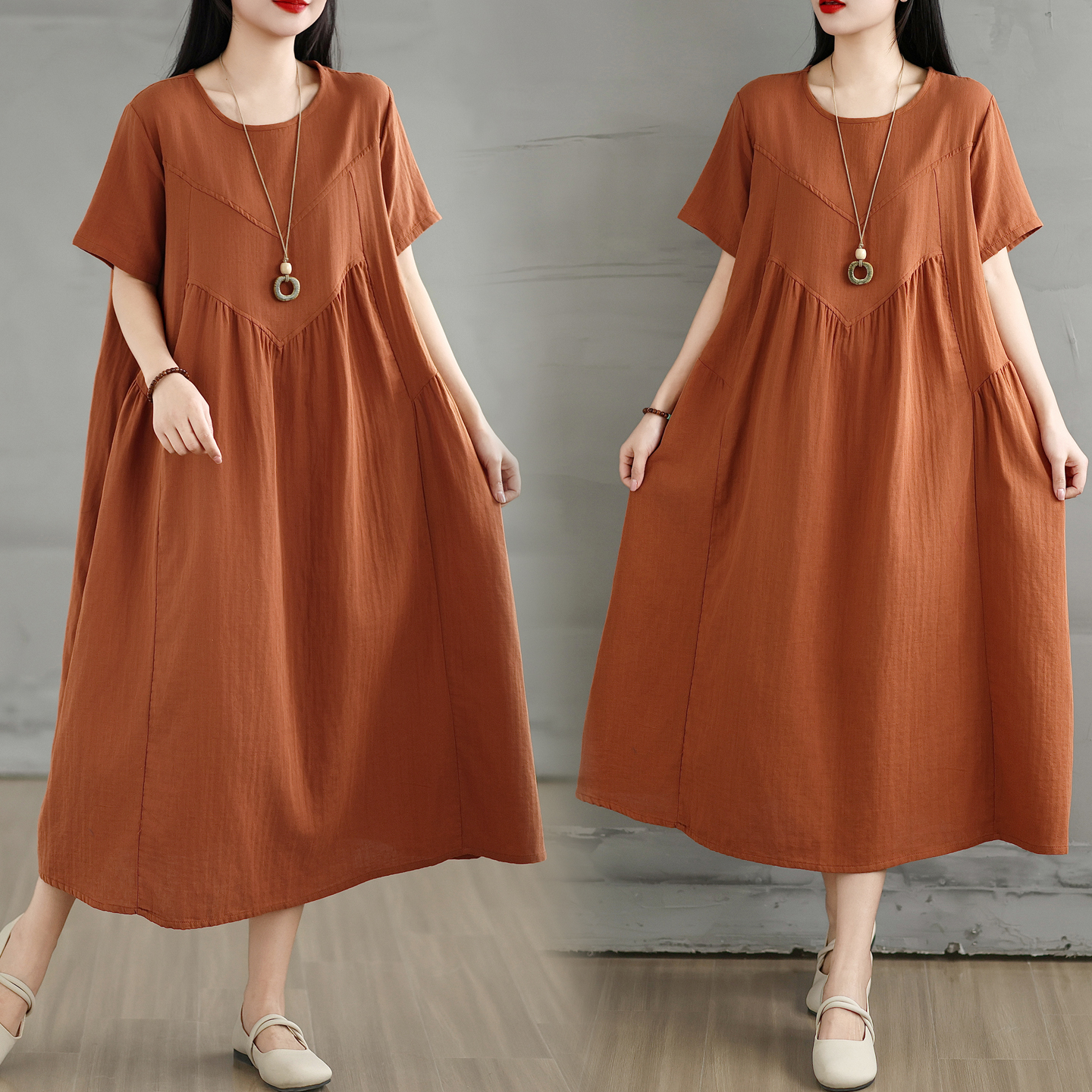 RY1869# 实拍新款复古棉纱圆领短袖袖连衣裙女宽松大码显瘦拼接A字裙女