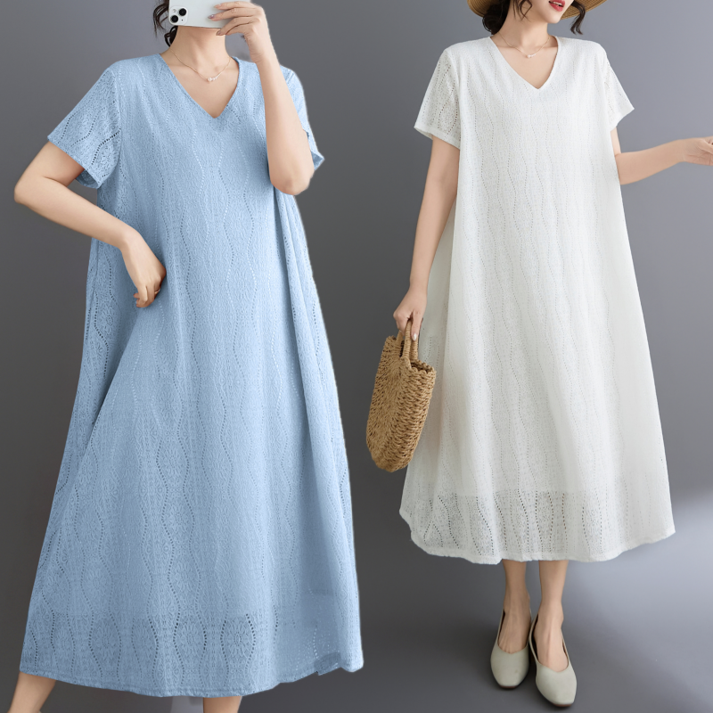 RY1483# 实拍 2026新款韩版外贸旅游度假风V领大码蕾丝连衣裙女