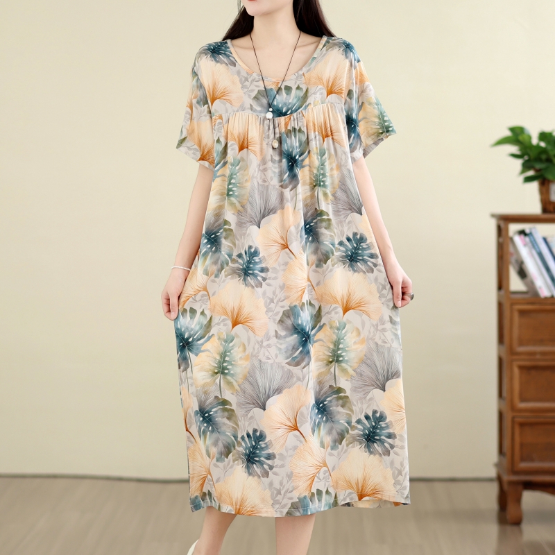 RY4234# 夏天甜美田园风复古花色女大码显瘦宽松居家裙棉绸文艺睡裙