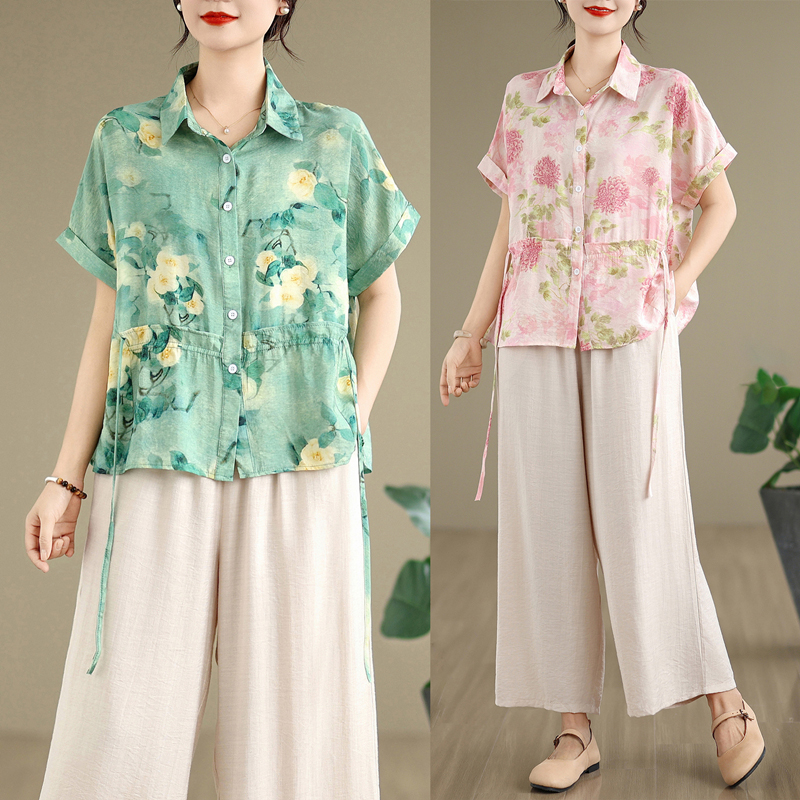 MY7898# 韩版大码显瘦印花文艺复古衬衫宽松棉麻阔腿裤夏季套装女女裝貨源服裝批發