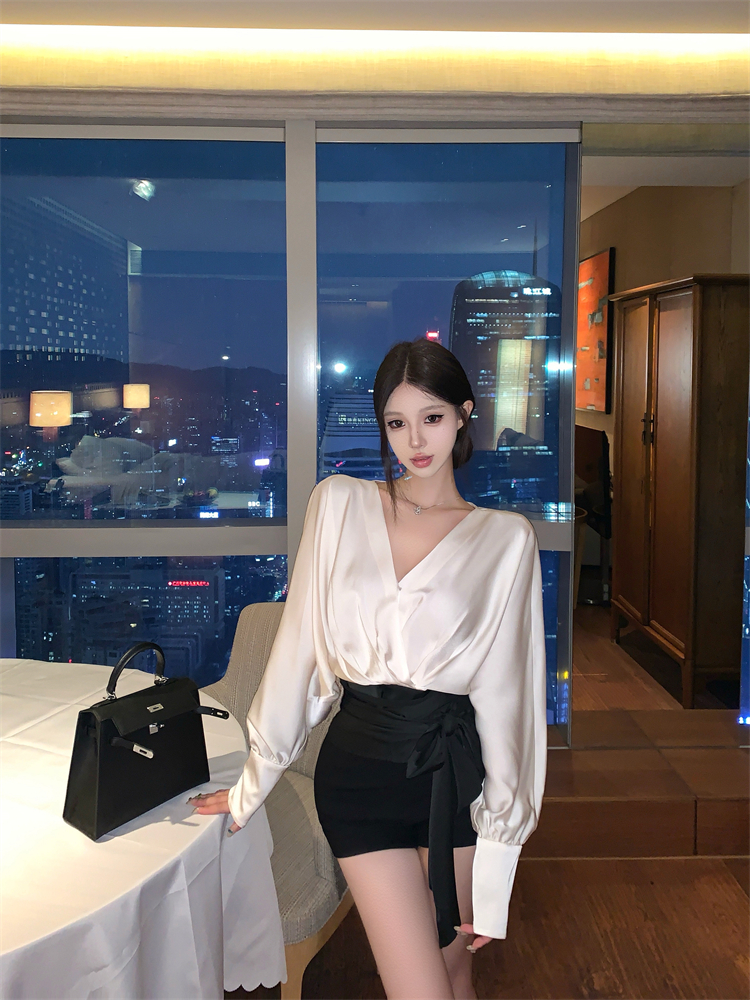 MY13287# 撞色V领蝙蝠袖气质衬衫绑带收腰长袖上衣女裝貨源服裝批發
