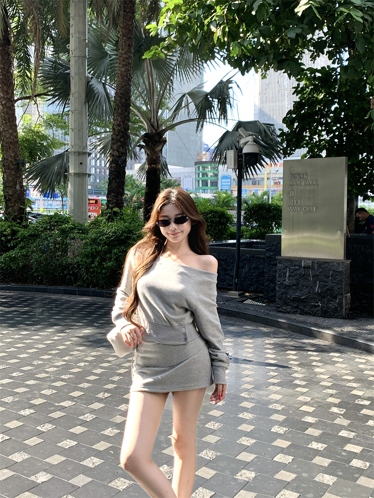 MY13286# 慵懒感美式辣妹斜肩卫衣翻边包臀半裙套装女裝貨源服裝批發