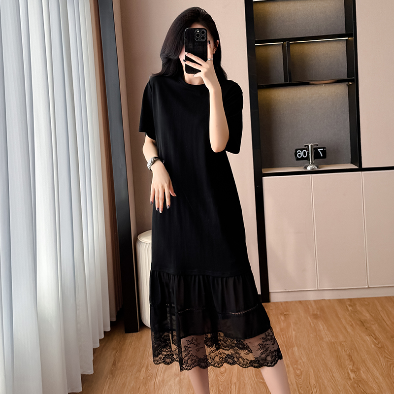 MY9651# 韩系时尚减龄蕾丝拼接连衣裙夏设计感宽松显瘦洋气休闲T恤裙女裝貨源服裝批發