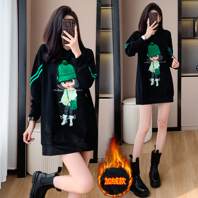 MY15209# 设计感洋气减龄显瘦加绒时尚休闲连帽中长款卫衣大码百搭韩版外套女裝貨源服裝批發