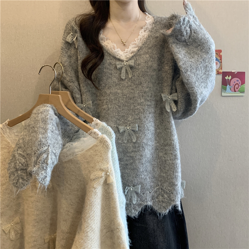 MY14799# 超好看蕾丝V领灰色毛衣新款大码胖mm立体蝴蝶针织衫上衣女裝貨源服裝批發