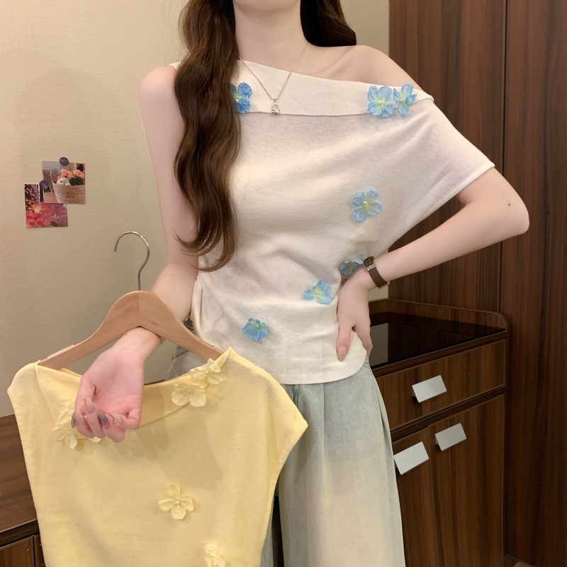 FA33080# 夏季新款韩版设计感重工艺修身显瘦收腰纯欲甜妹斜肩上衣 服裝批發女裝批發服飾貨源