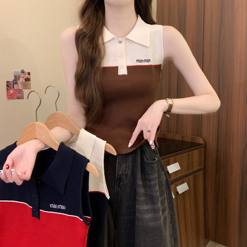 FA33064# 夏季新款韩系字母刺绣百搭显瘦撞色针织马甲背心上衣 服裝批發女裝批發服飾貨源