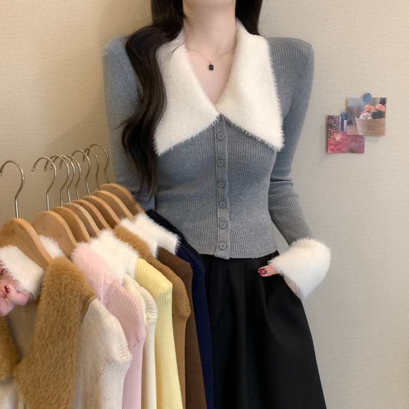 MY16081#新款韩系气质翻领甜辣纯欲毛领开衫显瘦短款针织毛衣女裝貨源服...