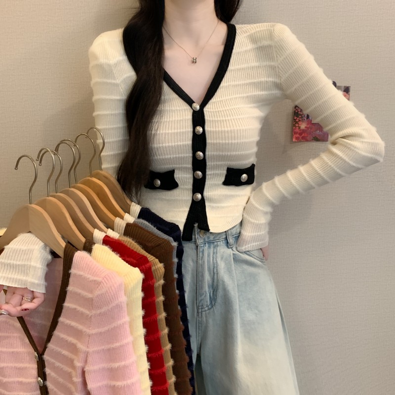 MY16582# 新款法式小香风撞色条纹V领修身显瘦百搭短款针织衫女裝貨源...