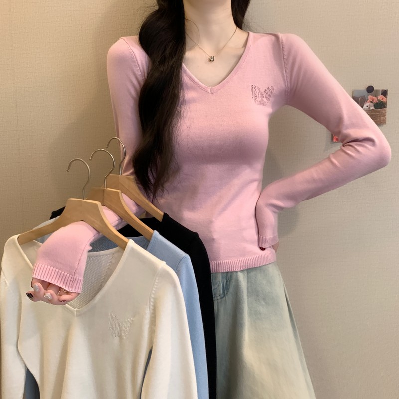 MY16583# 新款双生蝴蝶镂空V领修身显瘦百搭针织衫打底上衣女裝貨源服...