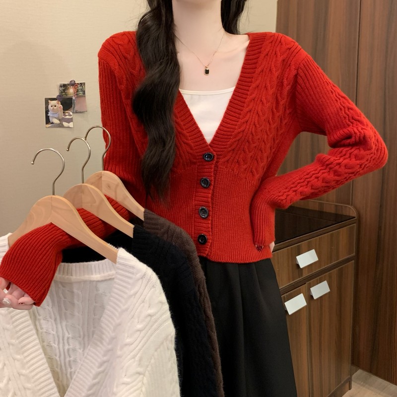 MY16580# 新款美拉德穿搭大V领麻花修身显瘦百搭短款针织开衫女裝貨源...