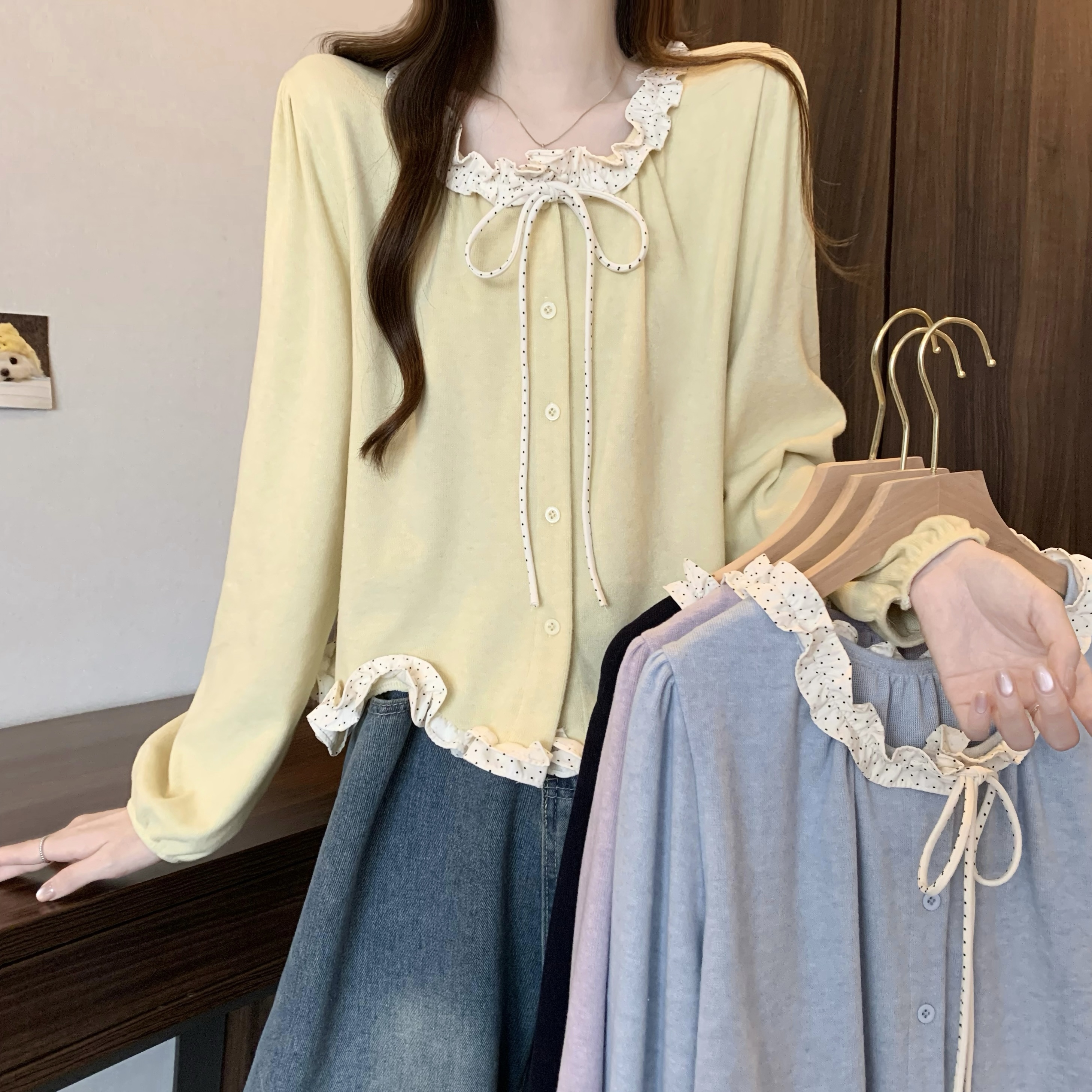 MY15000# 新版法式气质泡泡袖木耳边蝴蝶结系带上衣女裝貨源服裝批發