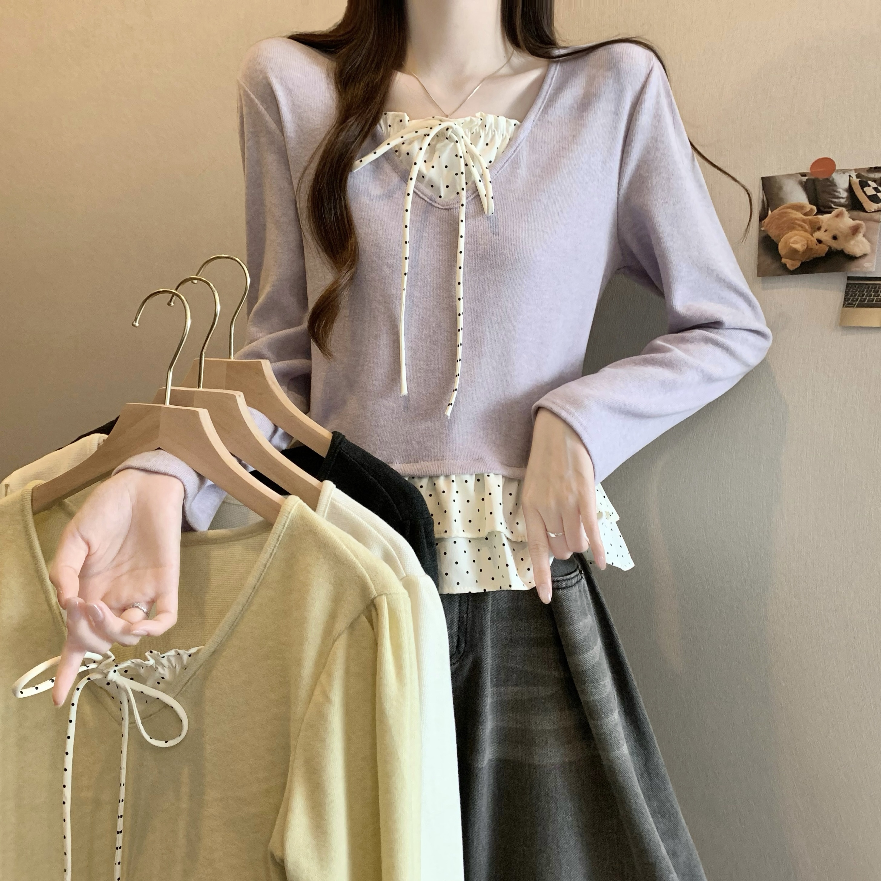 MY14999# 新版法式气质泡泡袖木耳边蝴蝶结系带上衣女裝貨源服裝批發