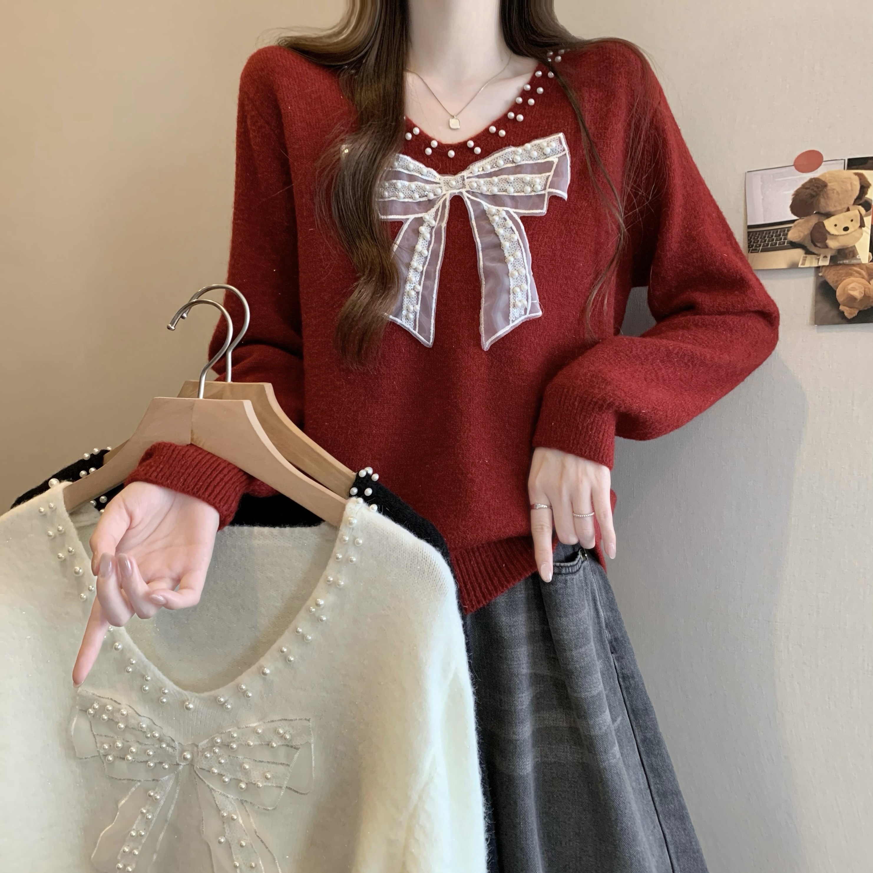 MY15370# 新版韩风设计感V领钉珠蝴蝶针织毛衣女裝貨源服裝批發