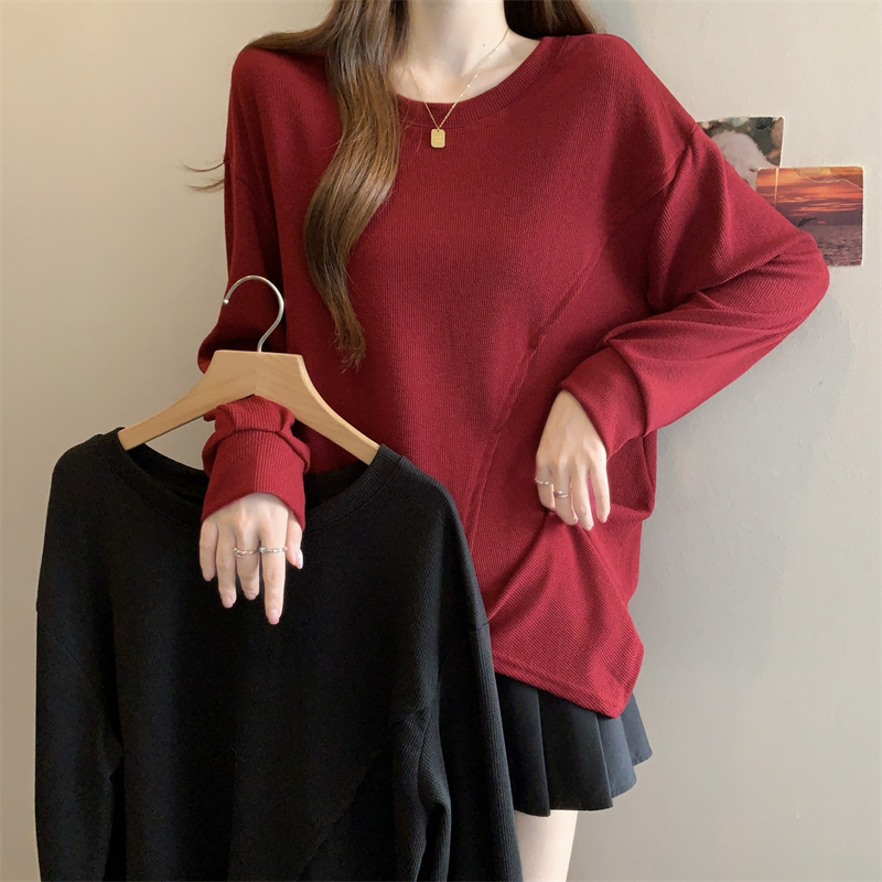 MY15992# 大码胖MM 设计感不规则长袖T恤洋气百搭遮肉上衣女裝貨源服裝批發