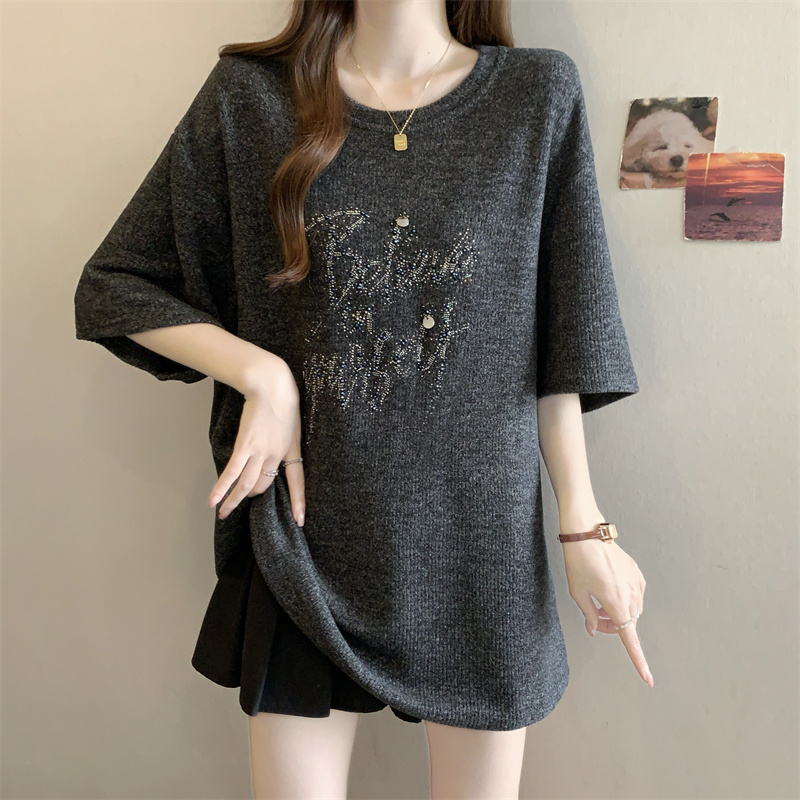 MY15991# 大码ＭＭ　设计感烫钻磨毛T恤打底内搭短袖上衣女裝貨源服裝批發