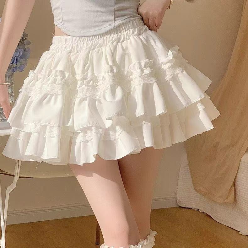 MY11566# 白色蕾丝蛋糕蓬蓬裙甜美半身裙A字裙高腰显瘦芭蕾短裙女裝貨源服裝批發