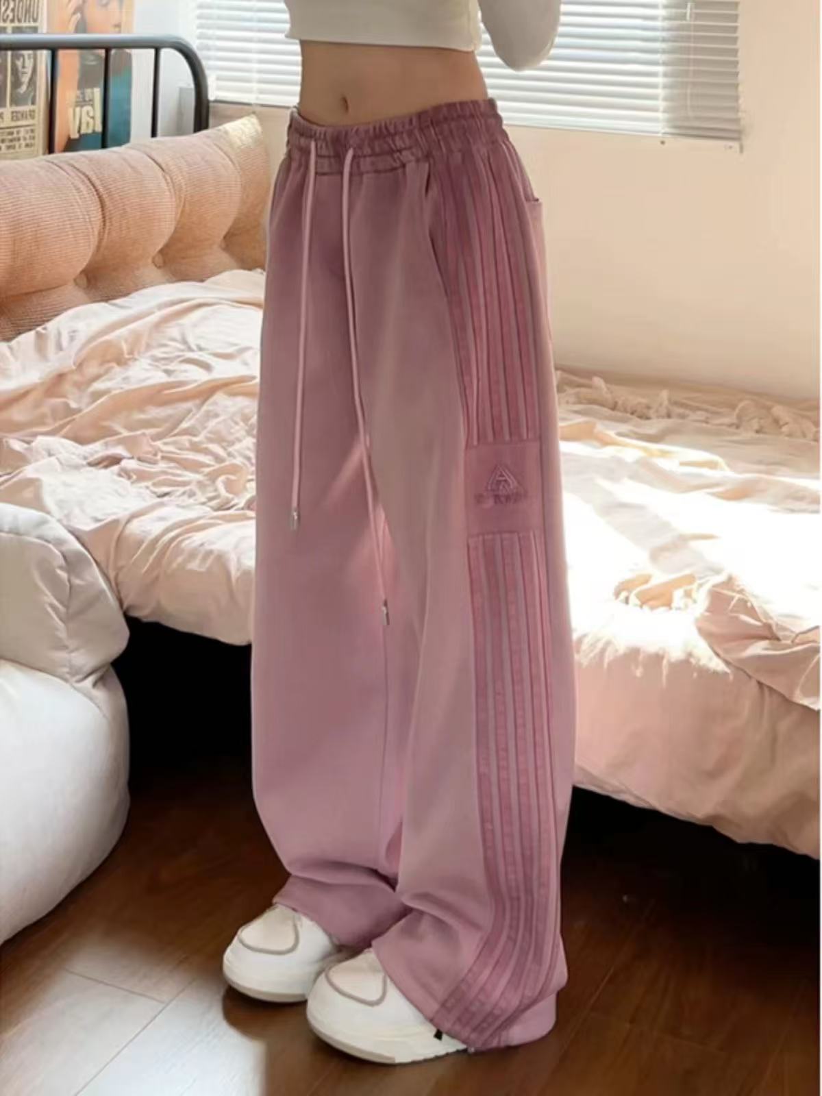MY11573# 条纹复古运动裤女秋装新款小个子爵士舞阔腿直筒卫裤女裝貨源...