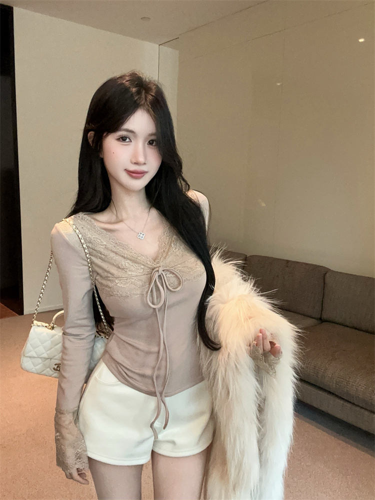 MY15371# 法式性感V领蕾丝拼接长袖系带小众辣妹修身喇叭袖上衣女裝貨...