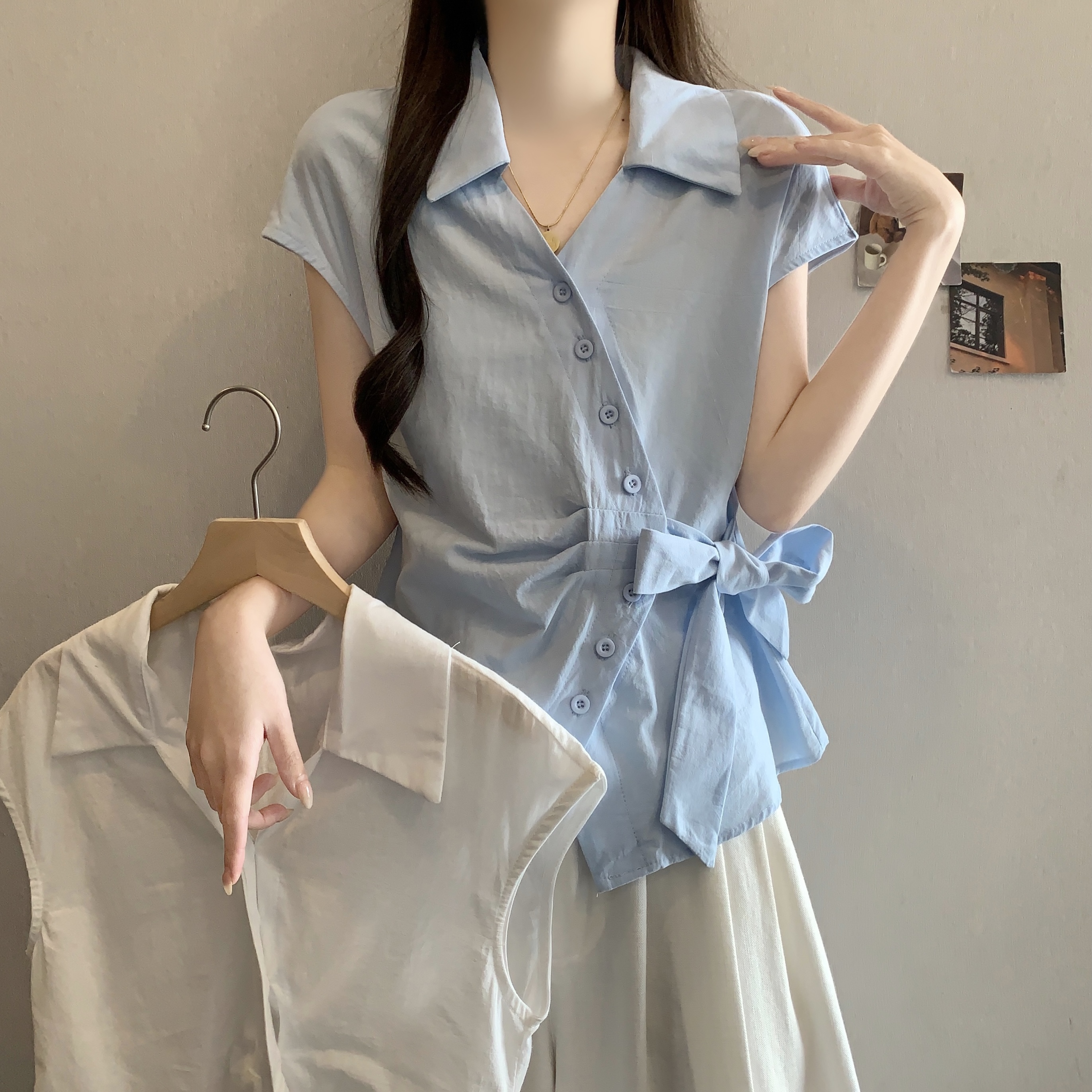 RY1116# 不规则交叉V领短袖外穿衬衫女春夏大码胖mm显瘦系带收腰遮肚上衣