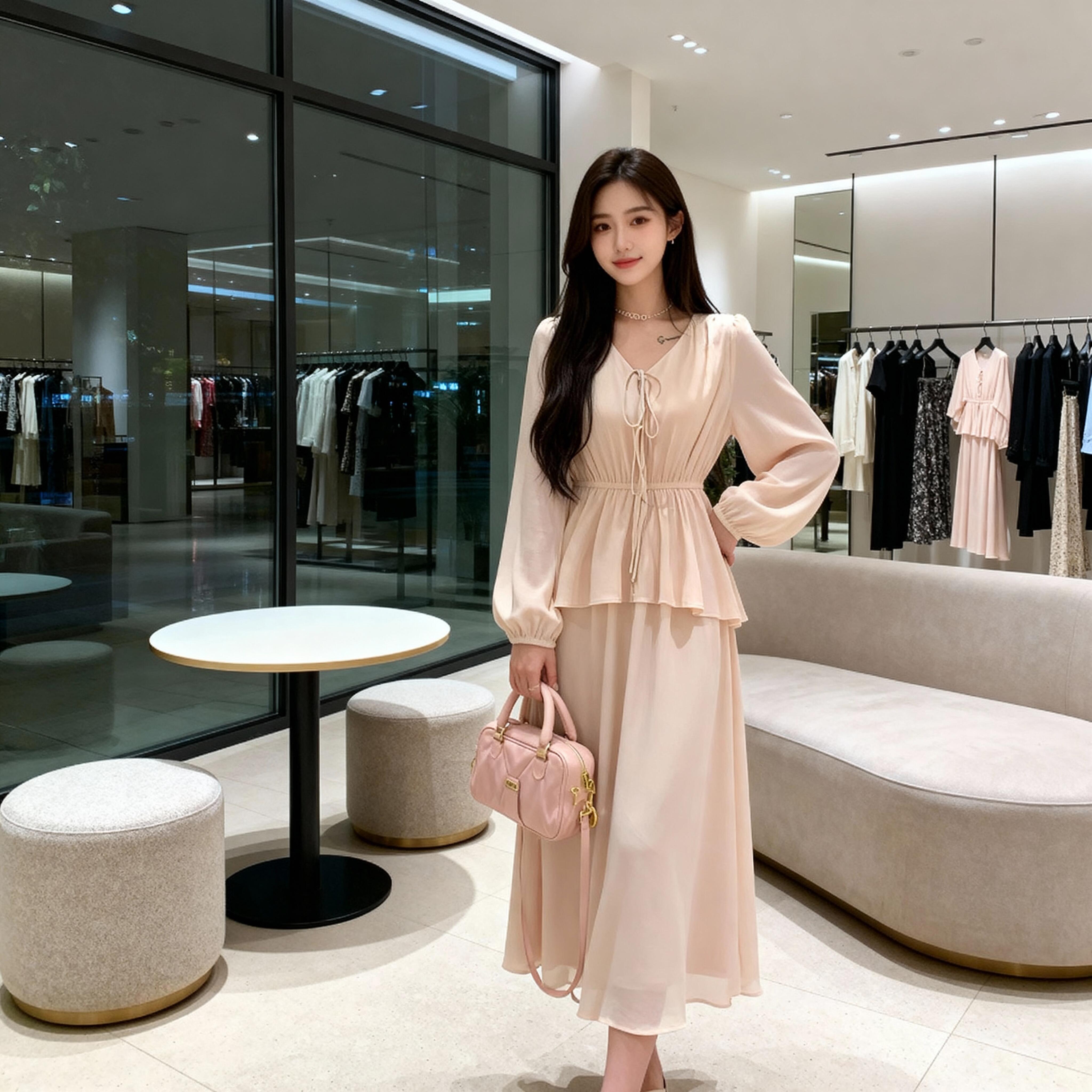 MY15557# V领系带连衣裙女泡泡袖收腰荷叶边长裙法式温柔气质显瘦百搭...