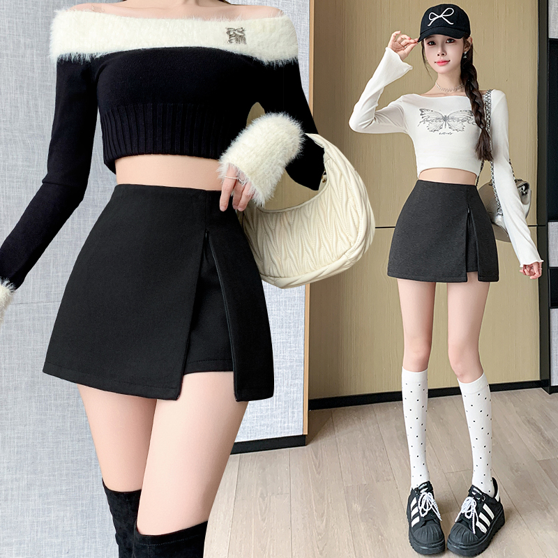 MY13799# 女裝貨源运动裙裤女秋冬款外穿毛呢短裤高腰短裙包臀半身裙女...