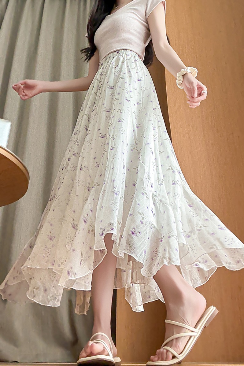 實拍 春夏款飄逸清新松緊腰碎花半身裙女不規則大擺仙女裙