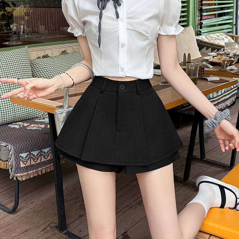 實拍 美式辣妹西裝短裙褲女夏季高腰假兩件百褶半身裙