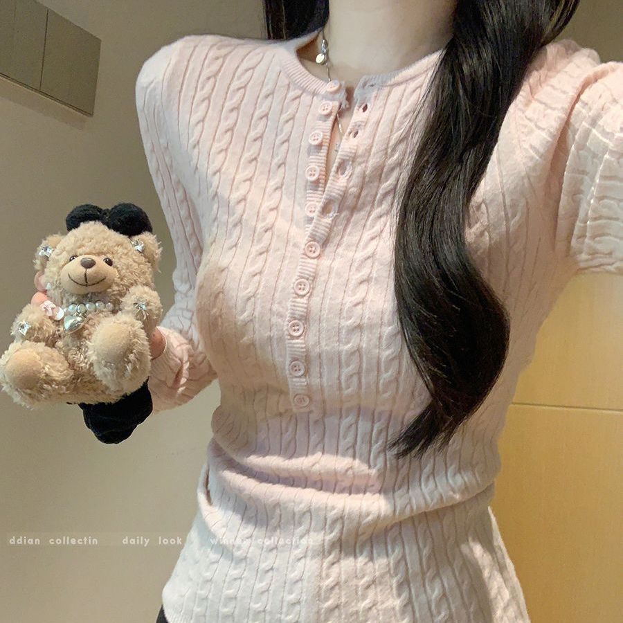 MY16280# 韩系粉色半开v领麻花长袖针织打底衫内搭修身软糯毛衣上衣女...