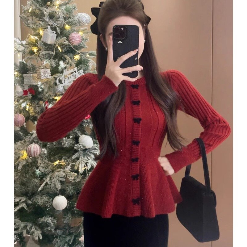 MY16282# 新年爆款龙年圣诞穿搭针织开衫内搭打底衫上衣红色毛衣女女裝...