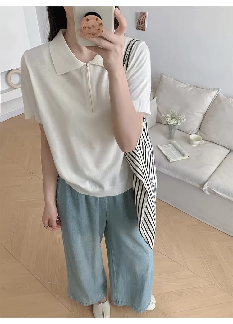 半拉鏈翻領針織短袖t恤女2026新款春裝韓系穿搭洋氣薄款打底上衣