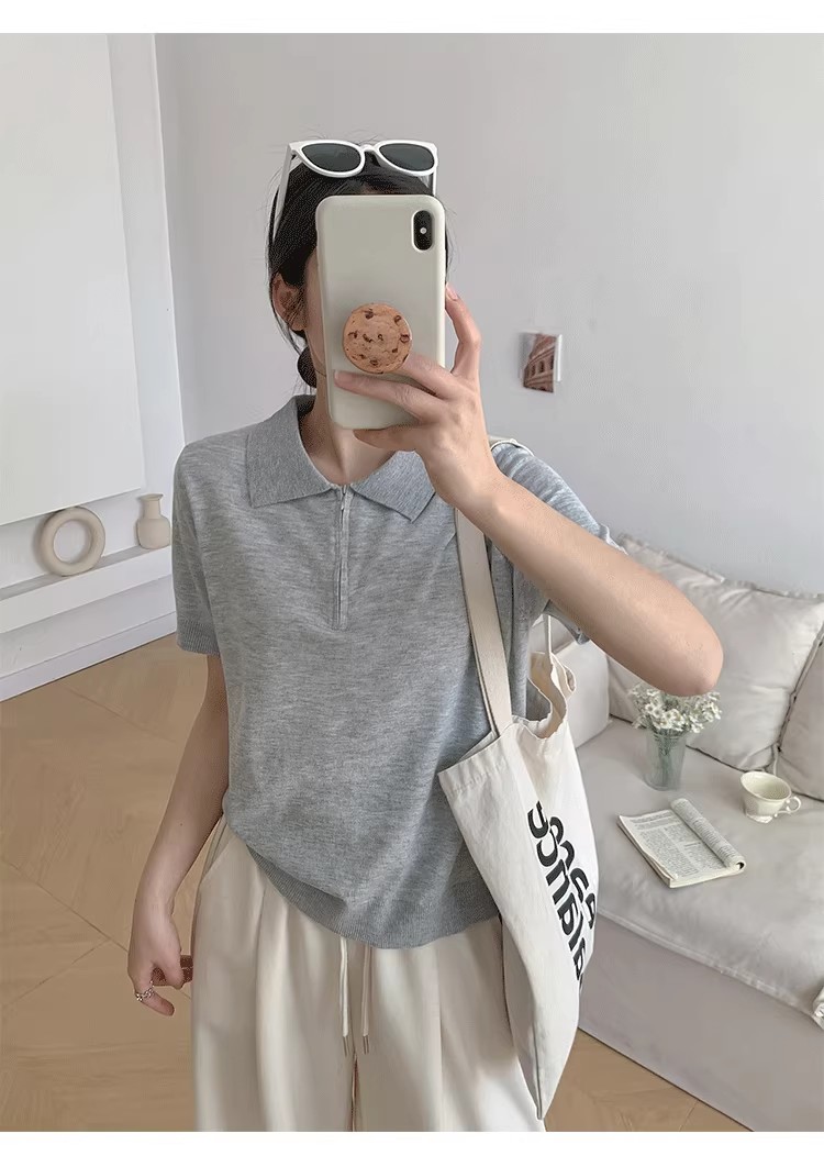 半拉鏈翻領針織短袖t恤女2026新款春裝韓系穿搭洋氣薄款打底上衣