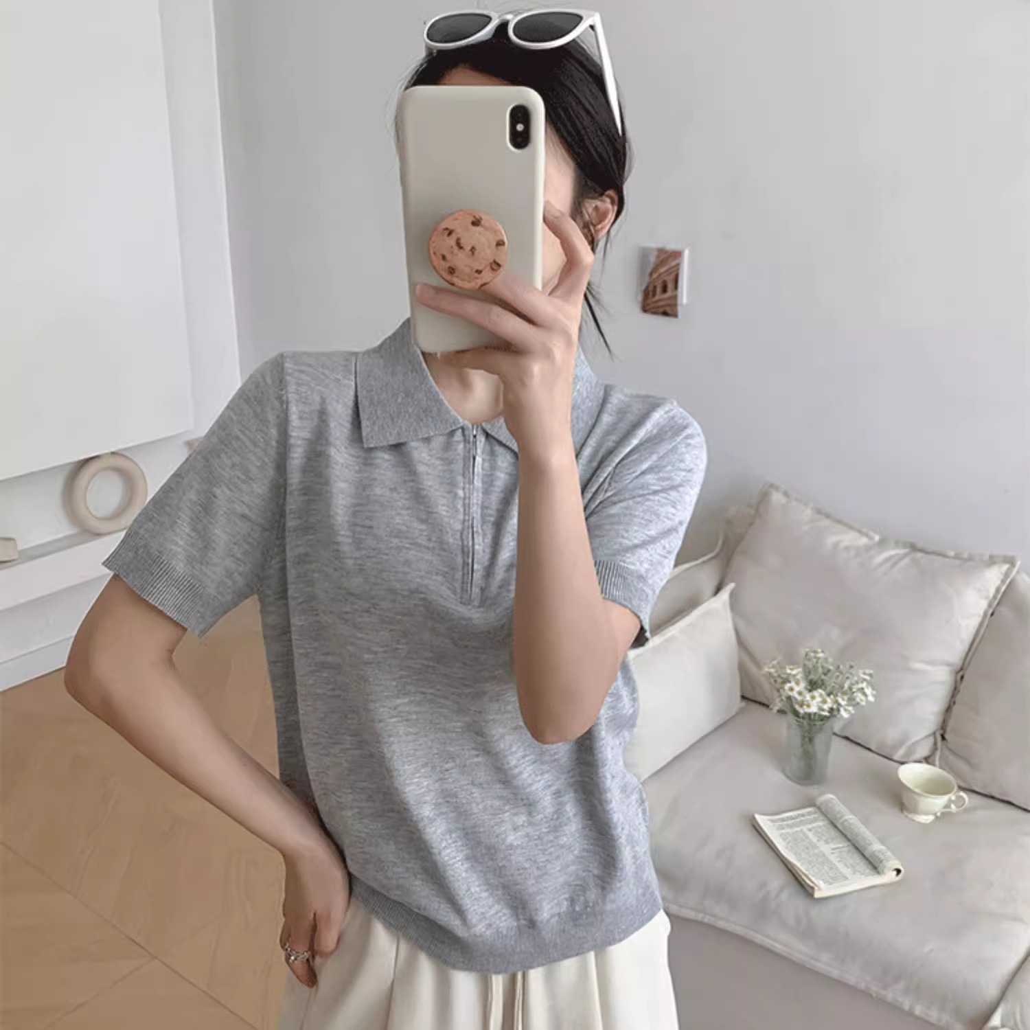 半拉鏈翻領針織短袖t恤女2026新款春裝韓系穿搭洋氣薄款打底上衣