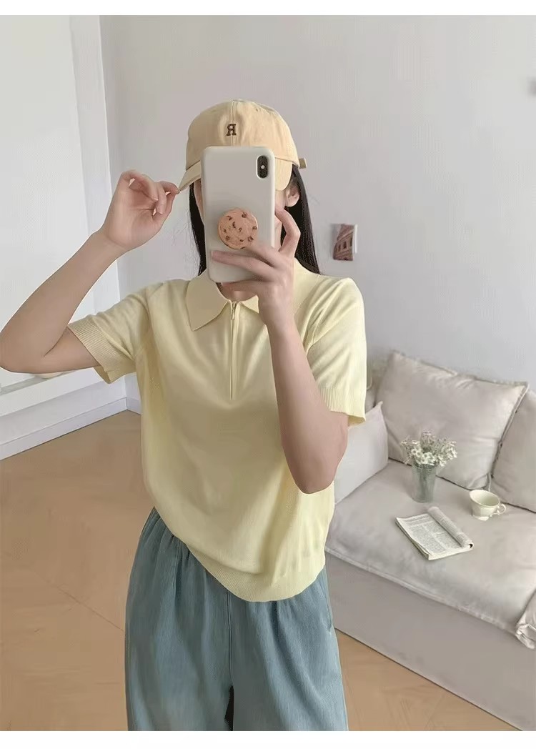 半拉鏈翻領針織短袖t恤女2026新款春裝韓系穿搭洋氣薄款打底上衣