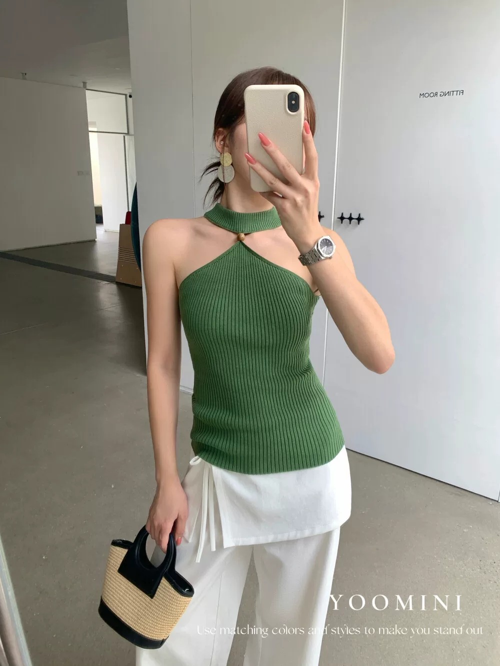 2026夏季美式辣妹氣質修身外穿美背性感無袖綠色掛脖針織背心上衣