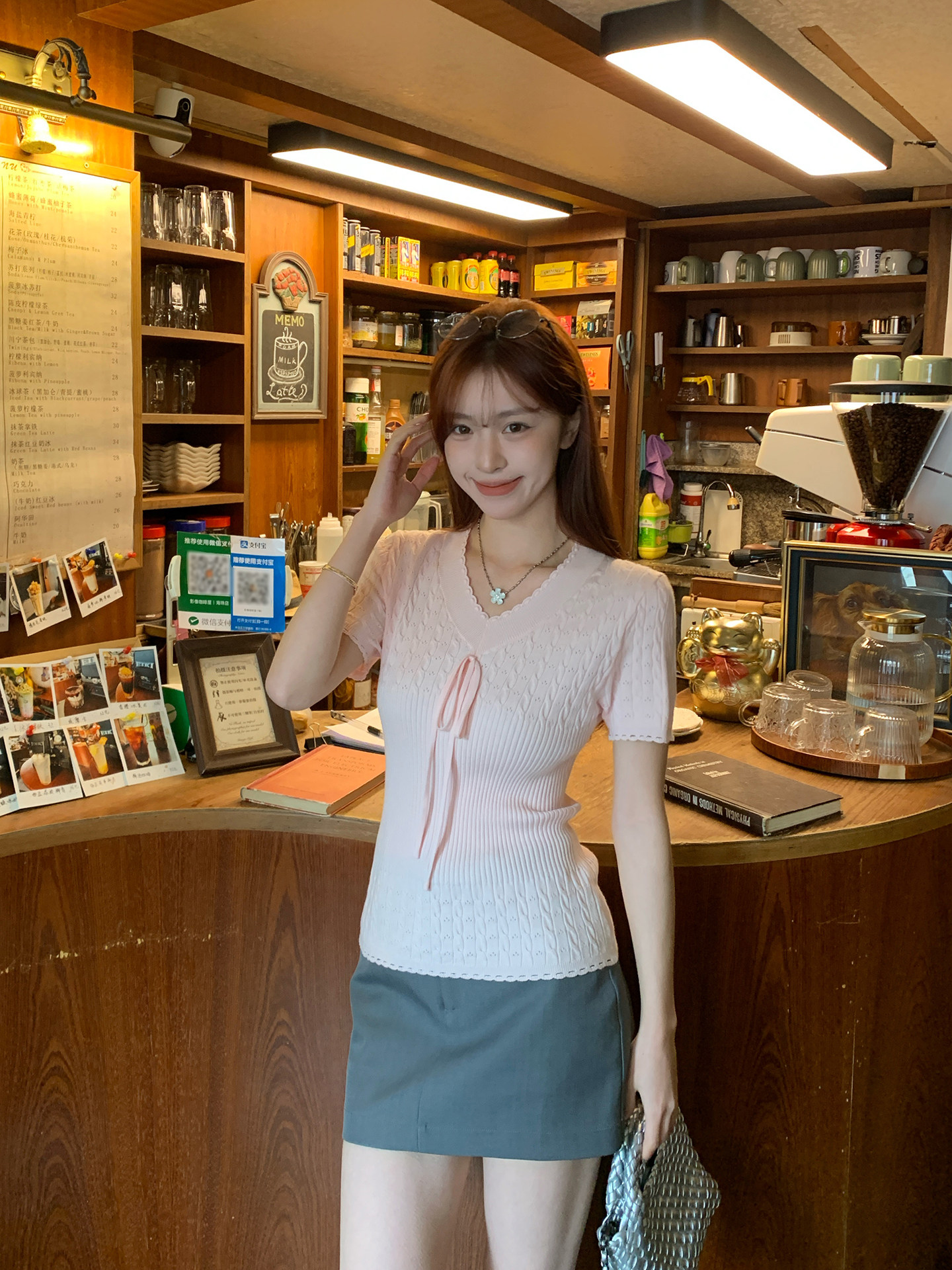 morning bloom綁帶花邊針織短袖T恤女夏新款韓系穿搭收腰粉色上衣